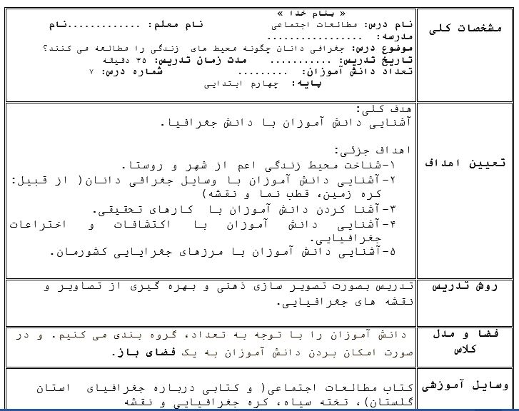 طرح درس مطالعات اجتماعی چهارم ابتدایی - جغرافی دانان چگونه محیط های  زندگی را مطالعه می کنند